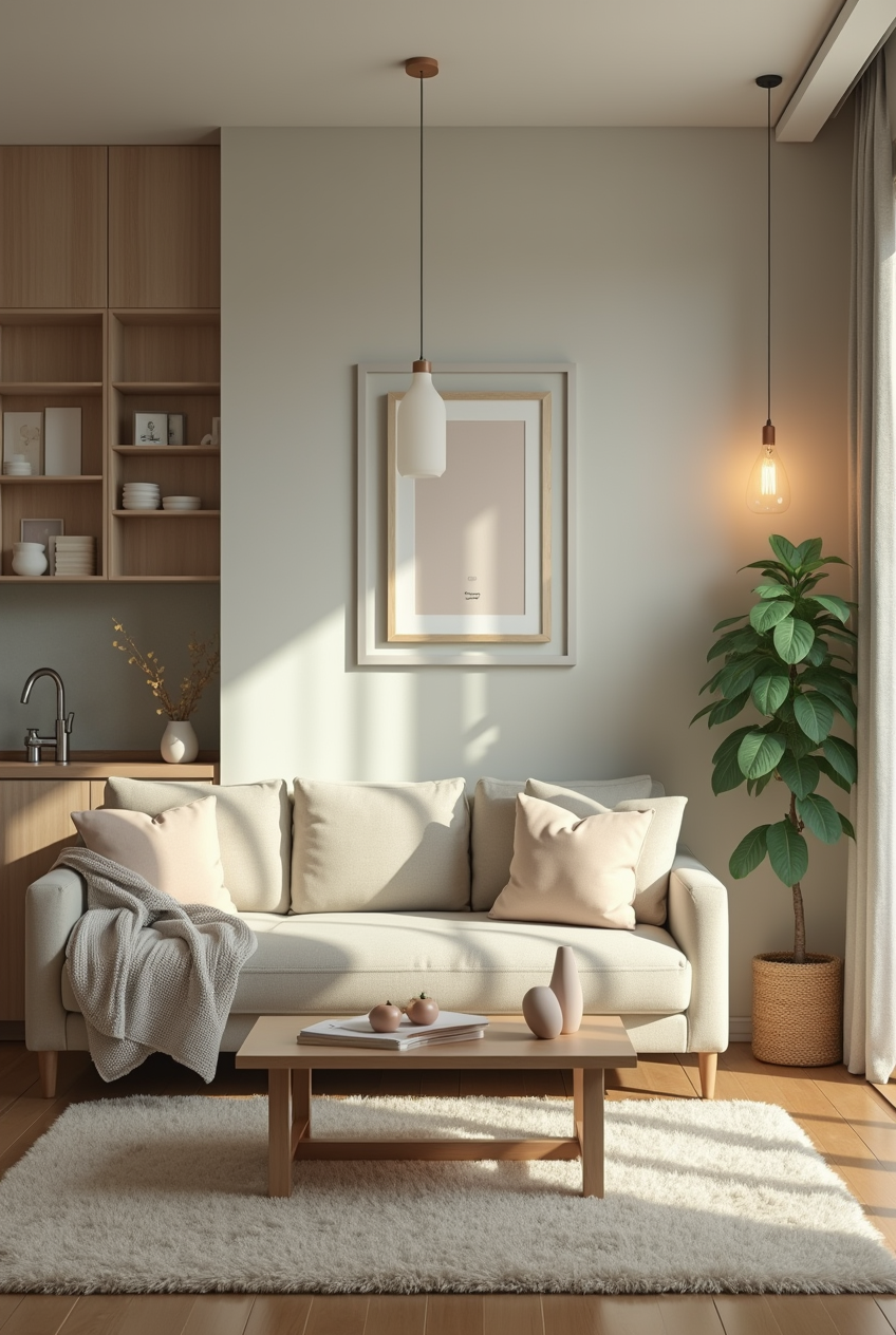 Rénover un Appartement : Un salon cosy rénové avec des matériaux naturels, un éclairage doux et une décoration harmonieuse.