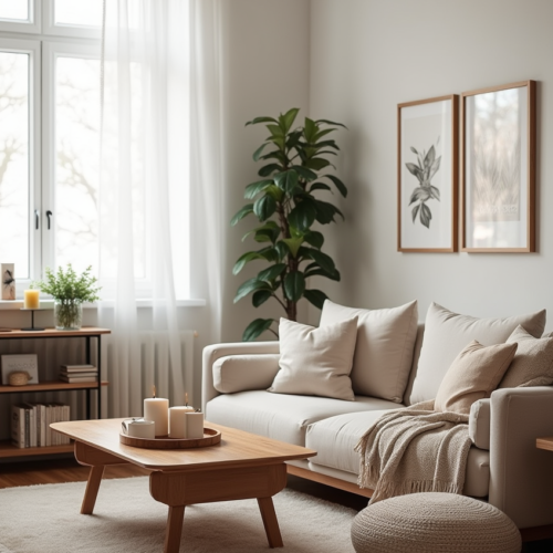 Décoration Appartement : Un salon cosy et harmonieux avec des éléments de décoration scandinave et chaleureux.