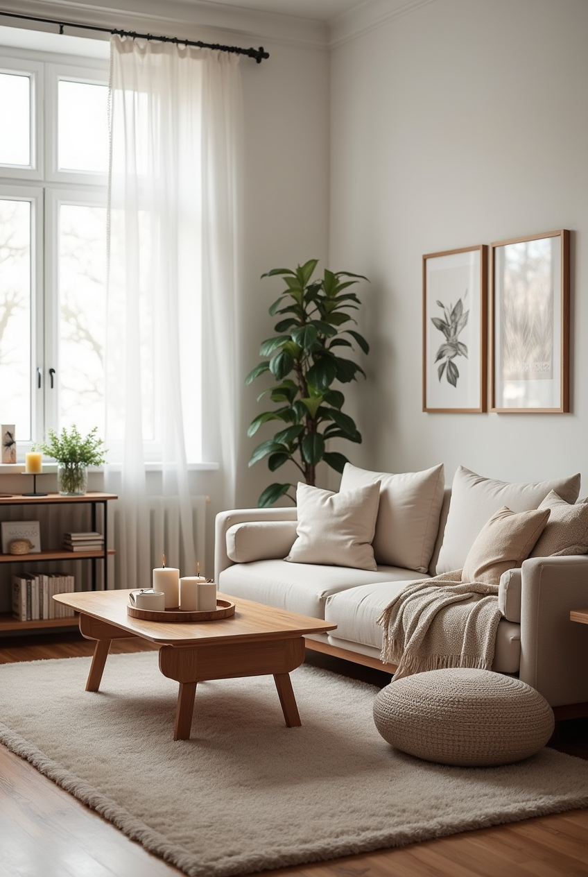 Décoration Appartement : Un salon cosy et harmonieux avec des éléments de décoration scandinave et chaleureux.
