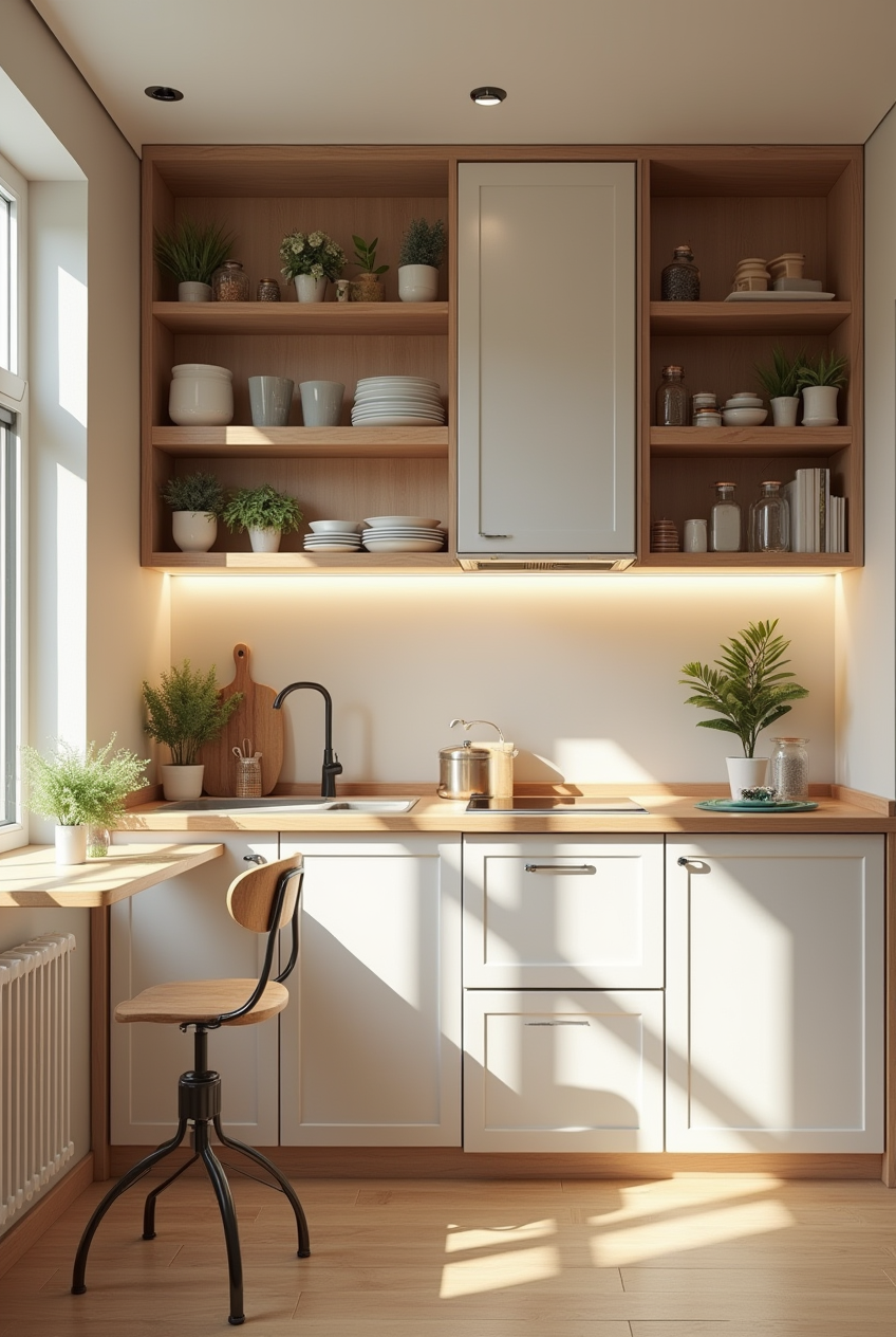 Aménagement pour Petite Cuisine : Petite cuisine fonctionnelle et cosy avec des meubles compacts et des rangements optimisés.