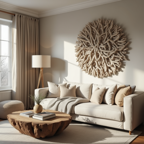 Déco Bois Flotté : Intérieur cosy avec une décoration en bois flotté, comprenant une table basse, une lampe en bois flotté, et un mur décoratif dans des tons neutres.