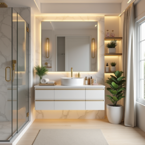 Aménagement Salle de Bain cosy avec douche à l’italienne, meubles suspendus et touches végétales pour un espace relaxant et fonctionnel.