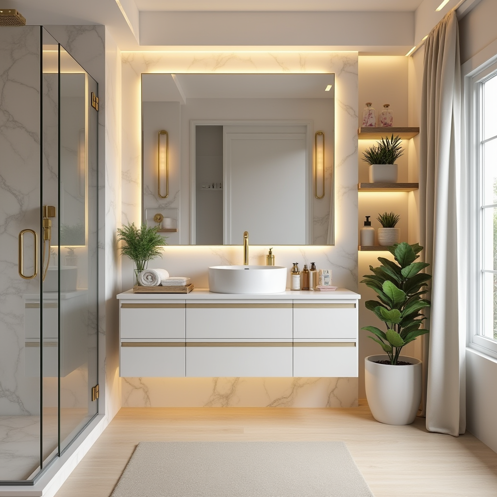 Aménagement Salle de Bain cosy avec douche à l’italienne, meubles suspendus et touches végétales pour un espace relaxant et fonctionnel.