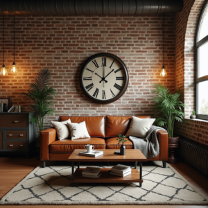 Un salon au style déco industrielle avec un mur en briques apparentes, des meubles en métal et bois, un canapé en cuir vieilli et des luminaires suspendus, créant une ambiance cosy et chaleureuse.