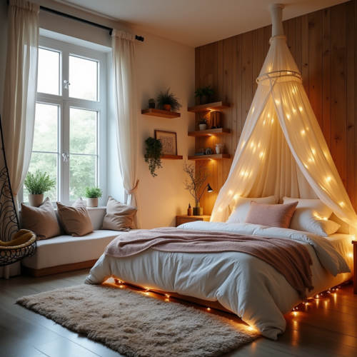 Idée Déco Chambre : Une chambre cosy avec une ambiance chaleureuse, incluant un ciel de lit aérien, un tapis épais et des guirlandes lumineuses sous le lit, idéale pour une idée déco chambre apaisante.