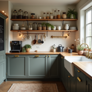 Déco cuisine cosy avec étagères ouvertes en bois, bocaux en verre, poignées en laiton et éclairage chaleureux pour un espace pratique et accueillant.