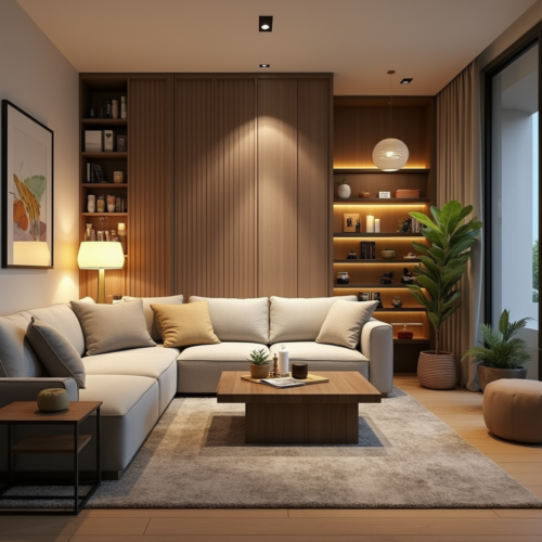 Un aménagement du salon cosy et fonctionnel avec un canapé central, un éclairage chaleureux et des meubles modulables, créant un espace harmonieux et accueillant.