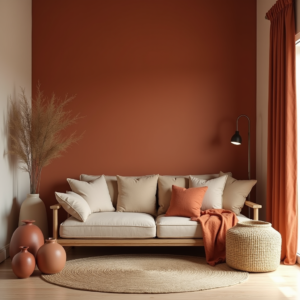 Un intérieur cosy avec des murs en couleur terracotta, des meubles en bois naturel et des textiles assortis, créant une ambiance chaleureuse et élégante.