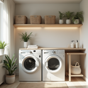 Aménager une buanderie fonctionnelle et cosy avec machines alignées, étagères en bois, paniers de rangement et plantes vertes, optimisant l’espace avec style et praticité.