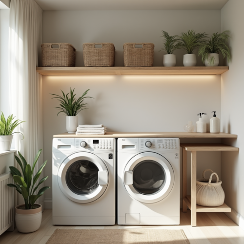 Aménager une buanderie fonctionnelle et cosy avec machines alignées, étagères en bois, paniers de rangement et plantes vertes, optimisant l’espace avec style et praticité.