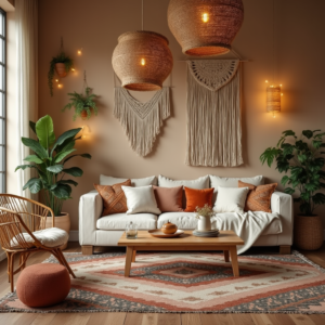 Salon chaleureux et harmonieux avec une décoration bohème chic. Mélange de matières naturelles, tapis berbère, suspensions en osier et touches végétales créant une ambiance cosy et authentique.