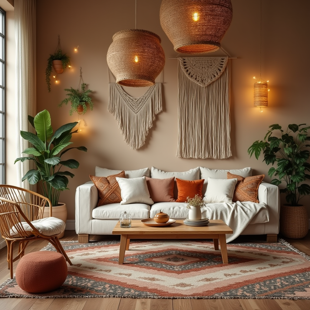 Salon chaleureux et harmonieux avec une décoration bohème chic. Mélange de matières naturelles, tapis berbère, suspensions en osier et touches végétales créant une ambiance cosy et authentique.