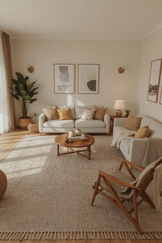 Aménagement Salon boho chic avec tapis en fibres naturelles pour structurer l’espace