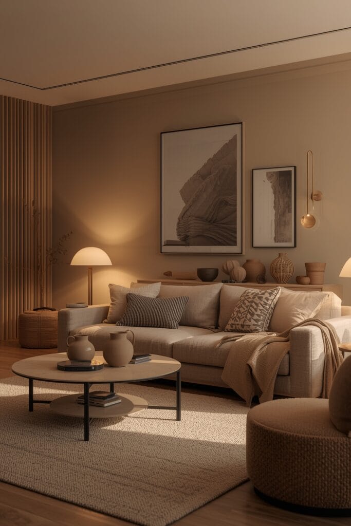 Aménagement Salon moderne cocooning avec accessoires tendance et matières naturelles