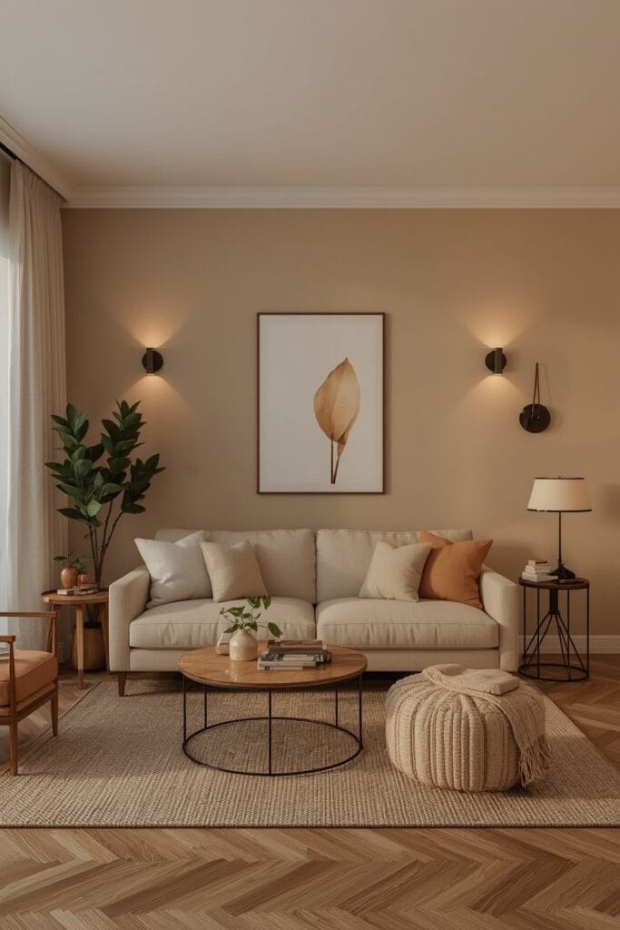 Aménagement Salon urbain cocooning avec sol parquet et revêtements pratiques