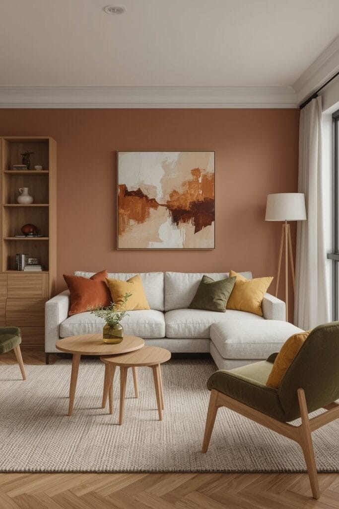 Aménagement salon d'appartement avec mobilier compact et couleurs cosy pour optimiser l'espace.