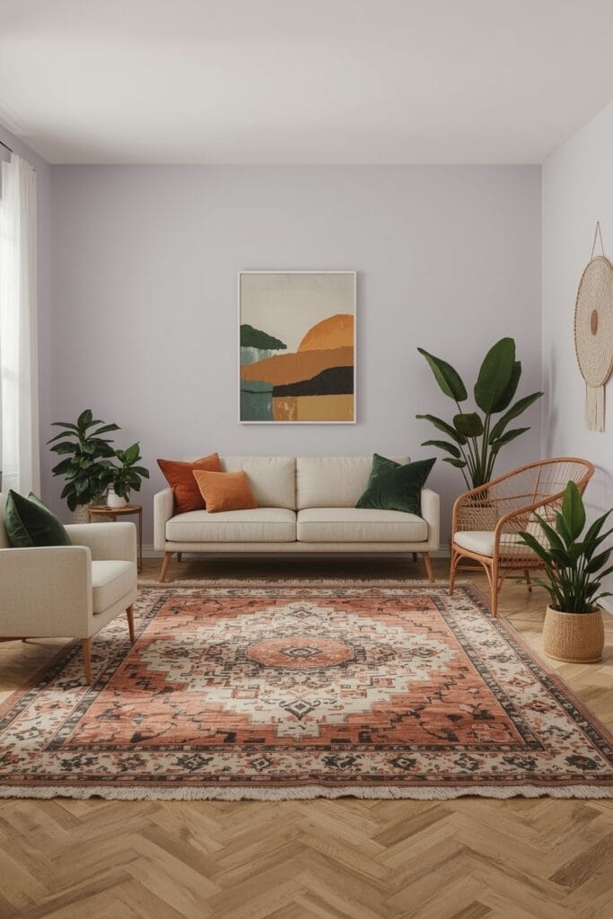 Aménagement Salon boho-chic avec un agencement fluide et des meubles placés le long des murs pour libérer l'espace central.