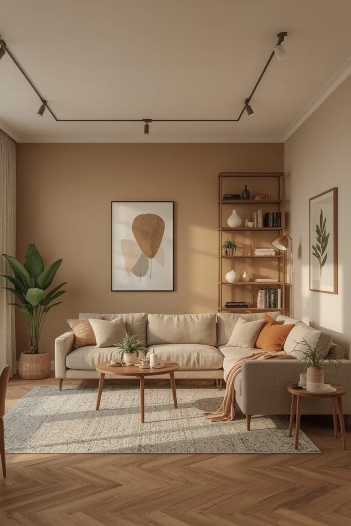 Aménagement Salon urbain cocooning avec zones distinctes et murs harmonieux