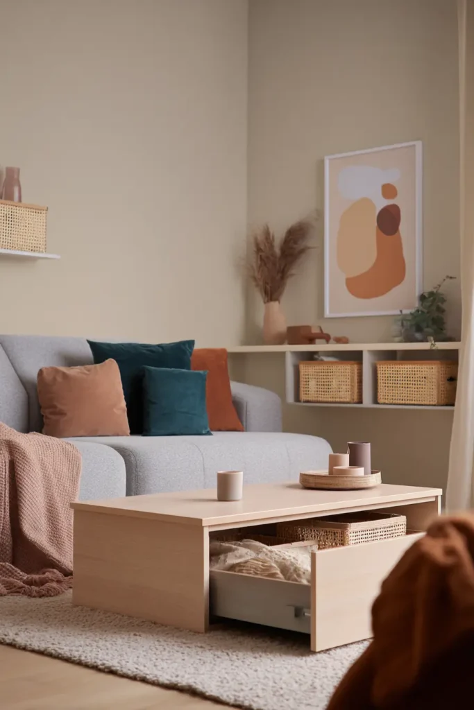 Aménagement Salon équilibré avec des solutions de rangement harmonieuses : table basse à tiroirs et paniers décoratifs.