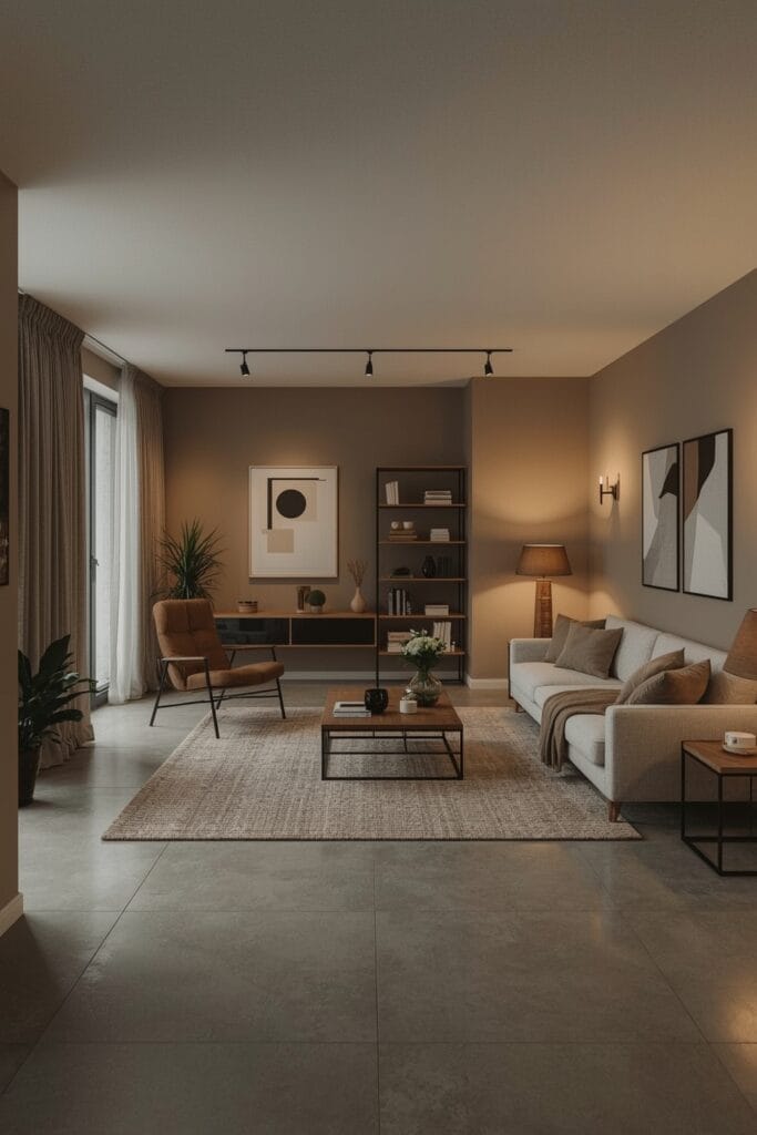 Aménagement Salon industriel cosy avec sol en carreaux de ciment et béton ciré