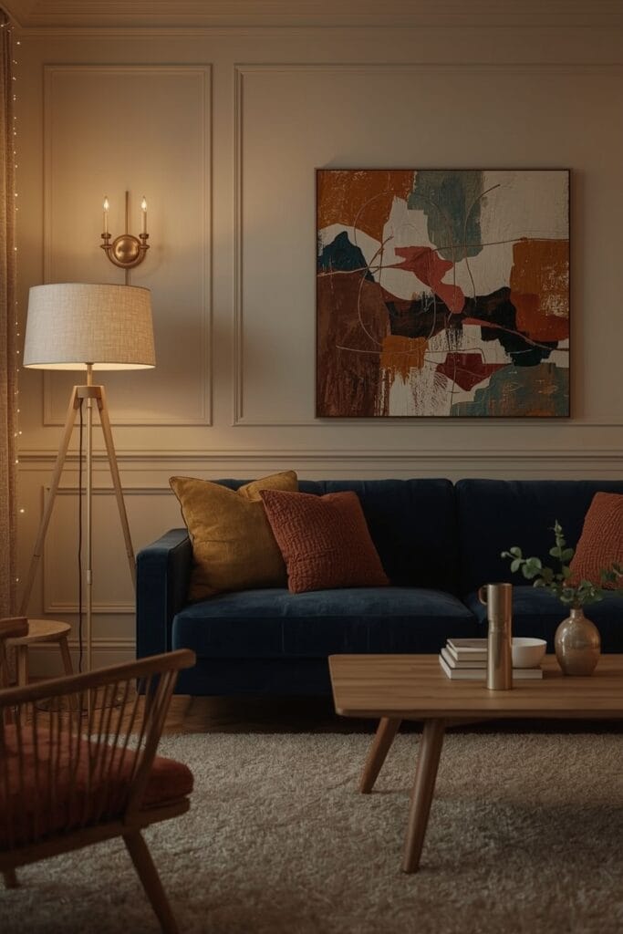 Aménagement salon cosy avec éclairage doux et multiple pour une ambiance chaleureuse en soirée.