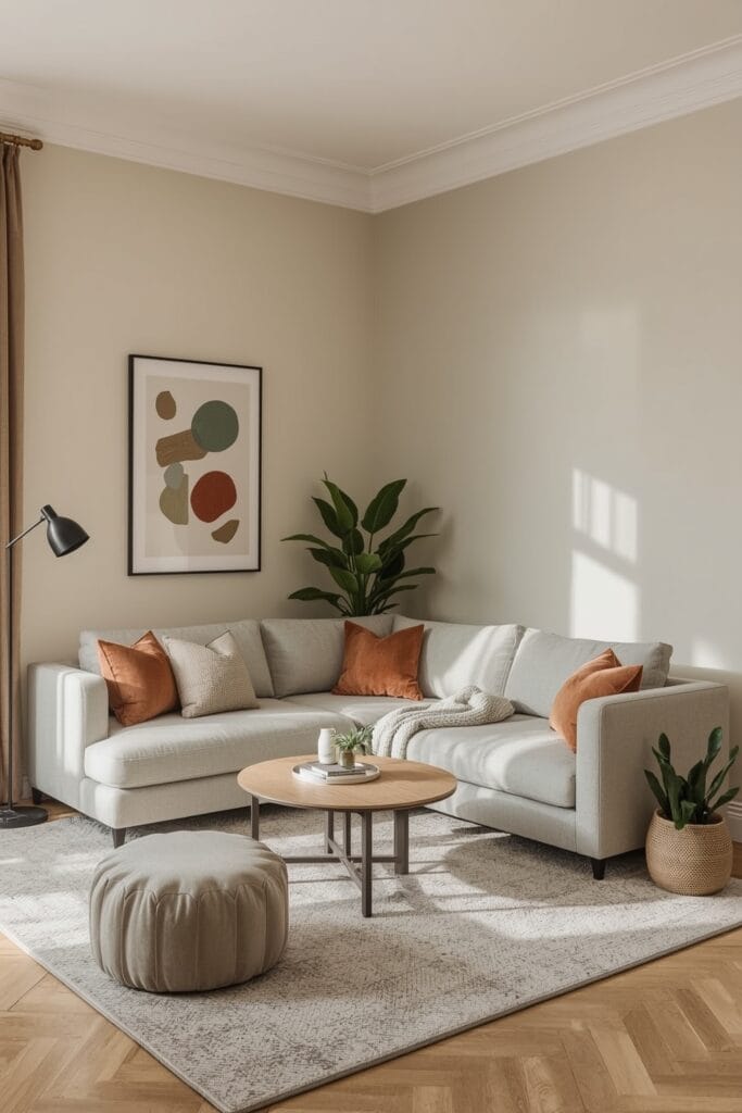 Aménagement Salon avec un canapé d'angle modulable dans un petit espace, optimisant la disposition pour délimiter les zones.