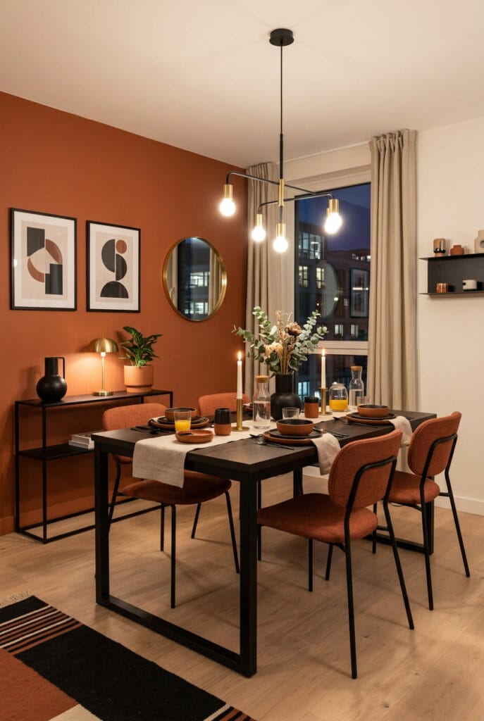 Décoration intérieure sophistiquée associant couleur terracotta et noir pour un style contemporain