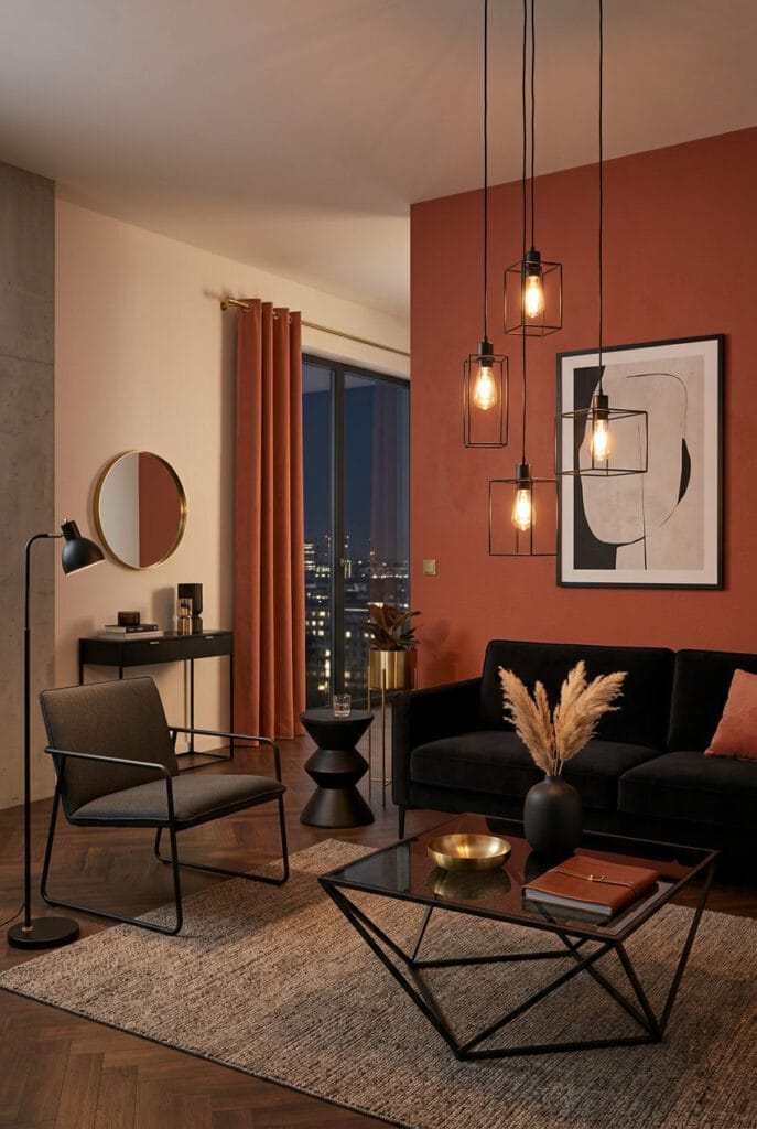 Ambiance chic et moderne avec terracotta, noir mat et accents métalliques