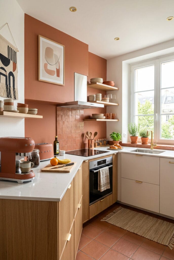 Cuisine moderne et authentique avec mur terracotta associé au bois clair et au marbre