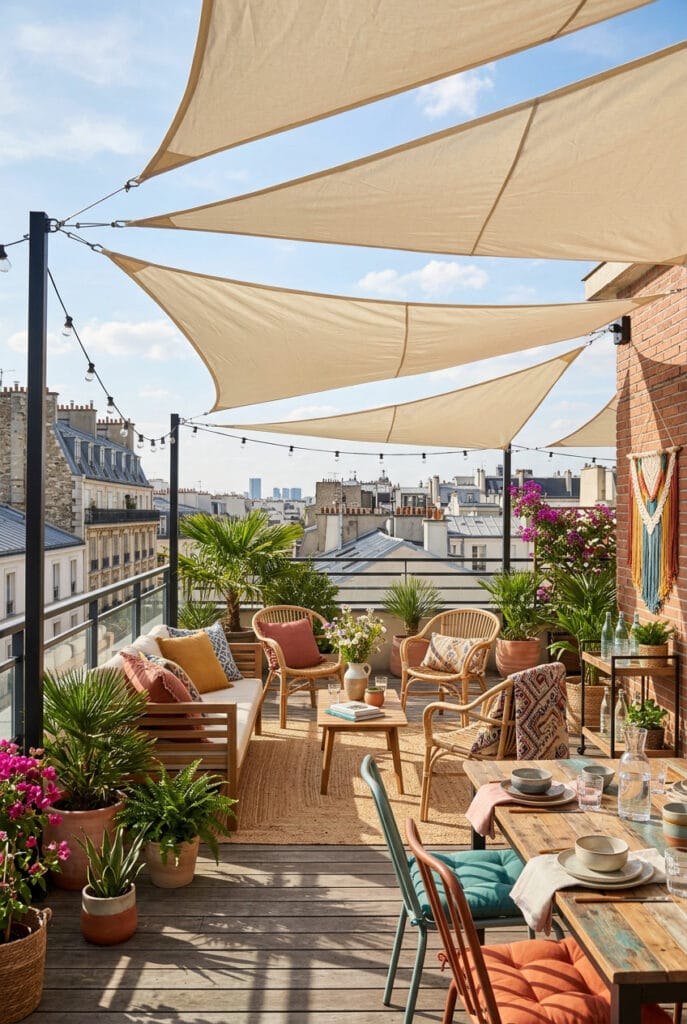 Terrasse extérieure protégée du soleil avec une voile d’ombrage créant un espace confortable et élégant.