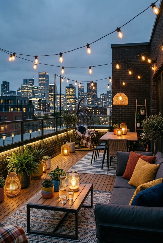 Terrasse extérieure décorée avec un éclairage doux qui crée une atmosphère cosy et relaxante en soirée.