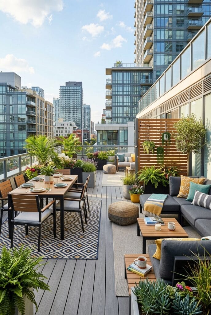 Terrasse extérieure aménagée avec plusieurs espaces distincts créant un aménagement harmonieux et fonctionnel.