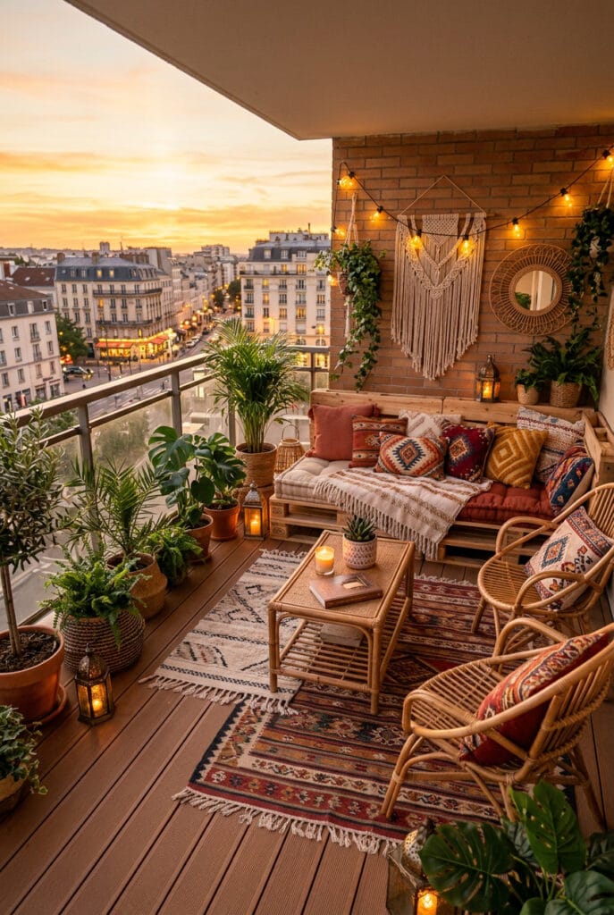 Terrasse extérieure décorée dans un style bohème avec une ambiance chaleureuse et détendue.