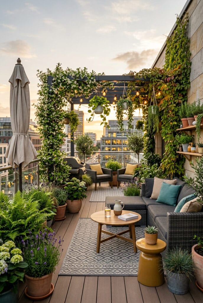 Terrasse extérieure aménagée avec de nombreuses plantes créant une atmosphère naturelle et relaxante.