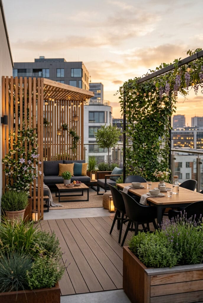 Terrasse extérieure aménagée avec une cloison décorative créant un espace intime et élégant.