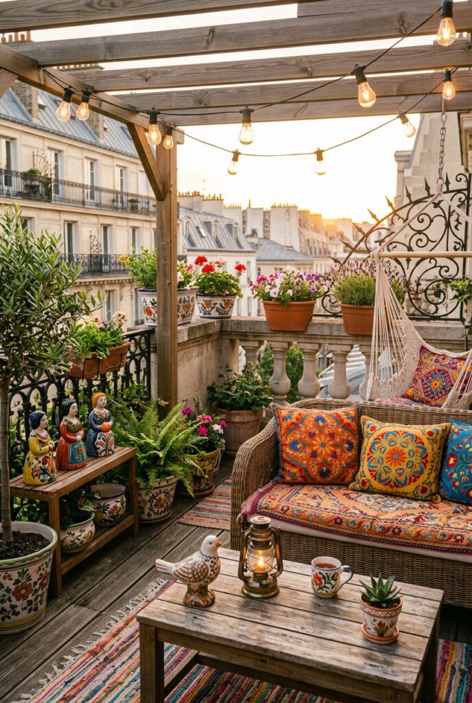 Terrasse extérieure décorée avec des accessoires originaux qui créent une ambiance chaleureuse et personnalisée.