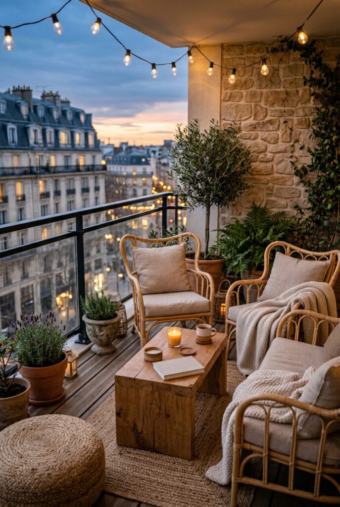 Terrasse extérieure élégante avec une décoration naturelle et une ambiance cosy et accueillante.