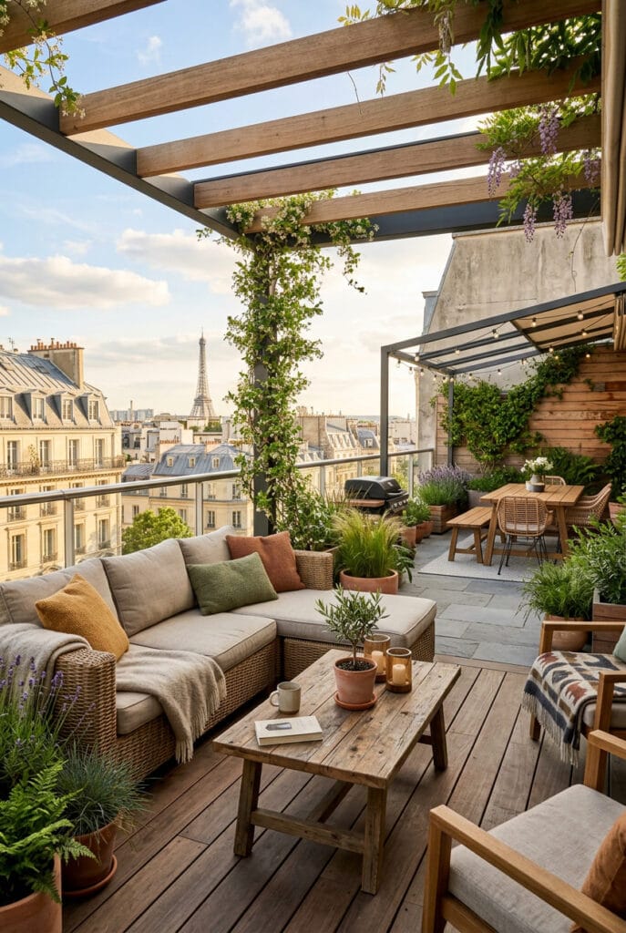Aménagement de terrasse extérieure cosy avec des matériaux naturels créant une ambiance chaleureuse et authentique.