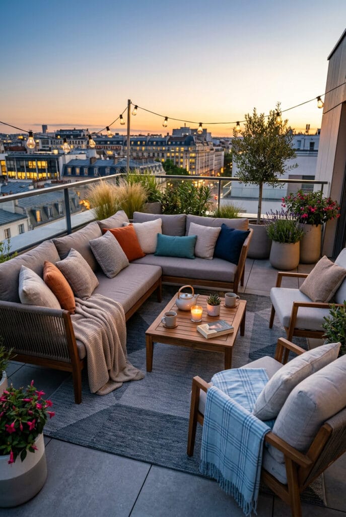 Terrasse extérieure cosy avec des textiles décoratifs créant une ambiance chaleureuse et confortable.