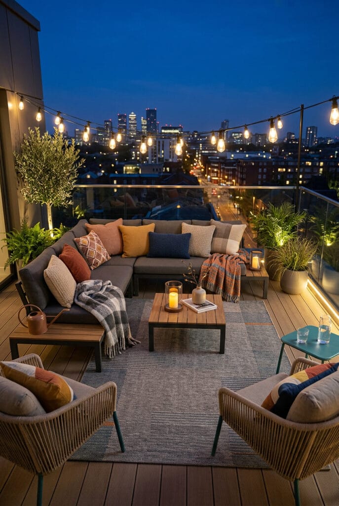Terrasse extérieure décorée avec des textiles doux créant une atmosphère cosy et relaxante.
