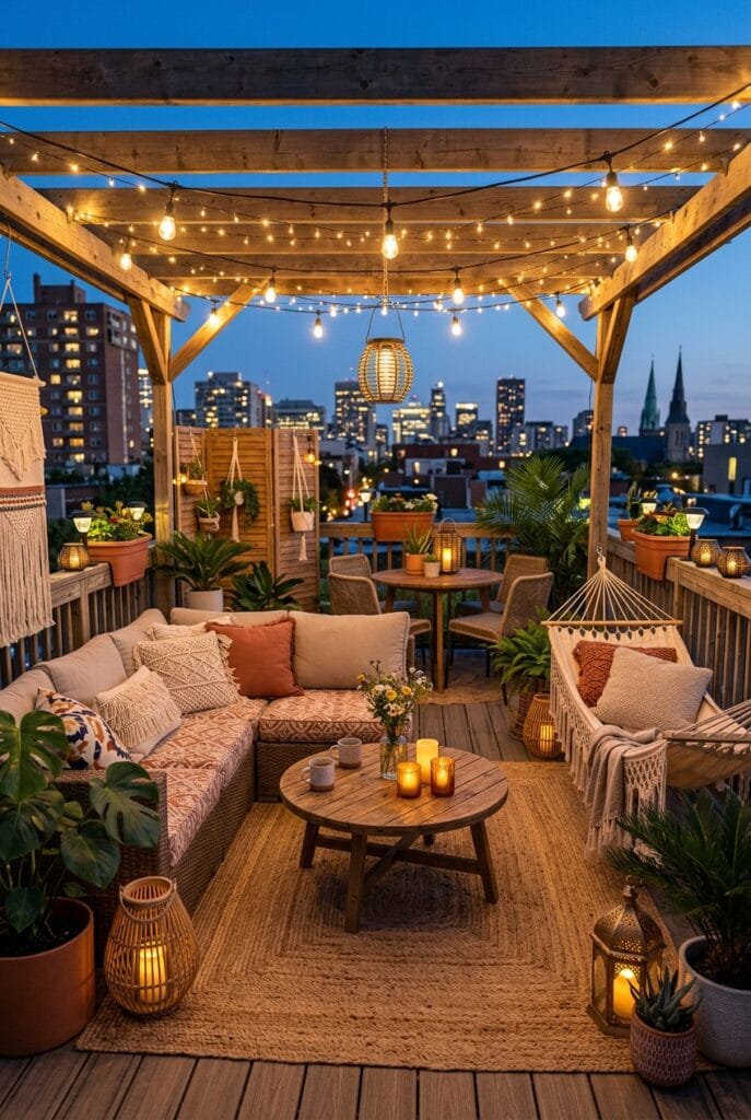 Terrasse extérieure éclairée par plusieurs sources de lumière créant une ambiance chaleureuse et accueillante en soirée.