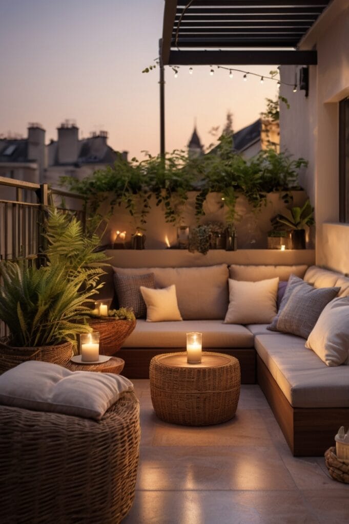décoration porte d'une terrasse cosy avec plantes adaptées, éclairage chaleureux et meubles bien entretenus
