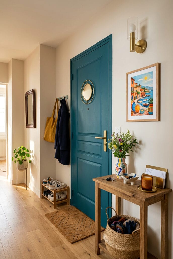 Entrée avec contraste clair foncé et porte repeinte dans une couleur originale comme élément déco fort
