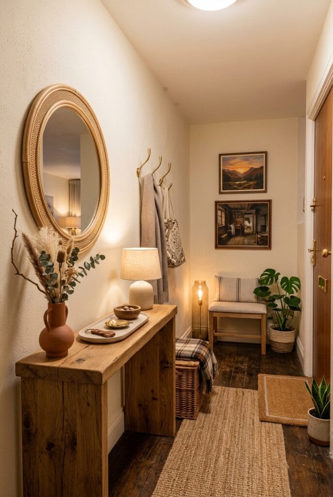 Entrée chaleureuse avec console en bois massif patères en laiton et miroir en rotin pour une ambiance cosy