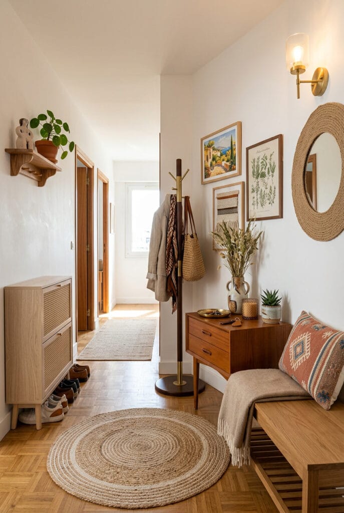 Entrée accueillante avec tapis en fibres naturelles coussin sur banquette et rideau léger pour une ambiance chaleureuse