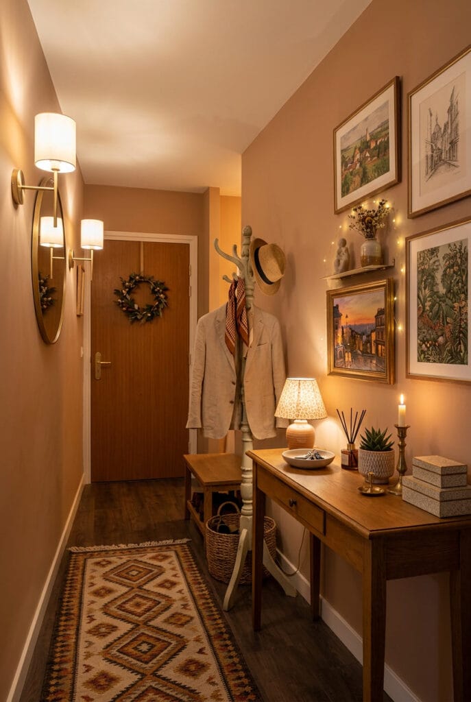 Appliques murales et guirlande lumineuse dans une entrée pour une atmosphère douce cosy et accueillante