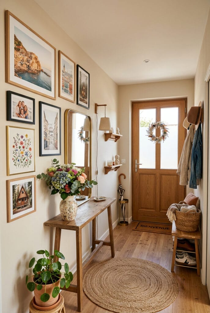 Entrée personnalisée avec cadres photos illustrations et vase de fleurs fraîches pour une ambiance unique et chaleureuse