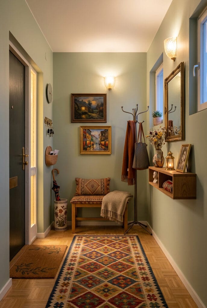 Entrée avec tapis coloré à motifs et étagère décorative exposant des objets personnels pour un espace vivant et harmonieux