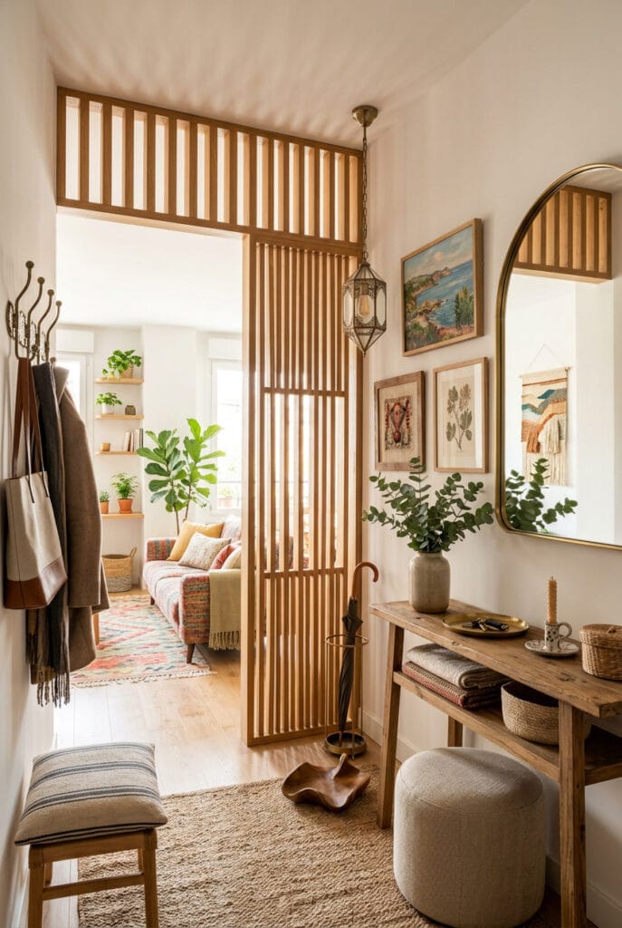 Claustra en bois ajouré séparant une entrée du salon tout en laissant passer la lumière naturelle