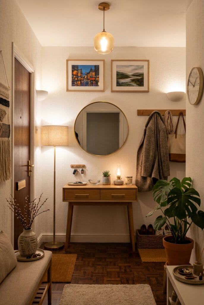 Console étroite avec tiroirs dans une entrée pour ranger clés et objets du quotidien avec élégance